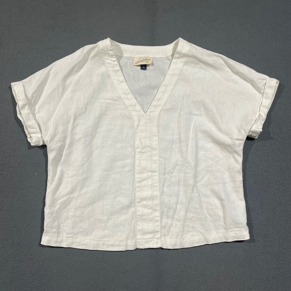 Universal Thread Linen Top Women Medium White V-Neck Short Sleeve Boho Summer